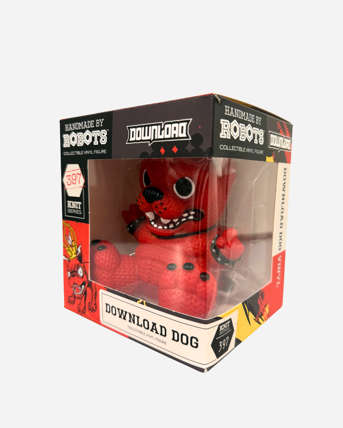 The Hand Made by Robots Download Vinyl Dog from Download 2026 is a red, hand-knit style figure in a clear-front box featuring character art and Knit Series number 387.