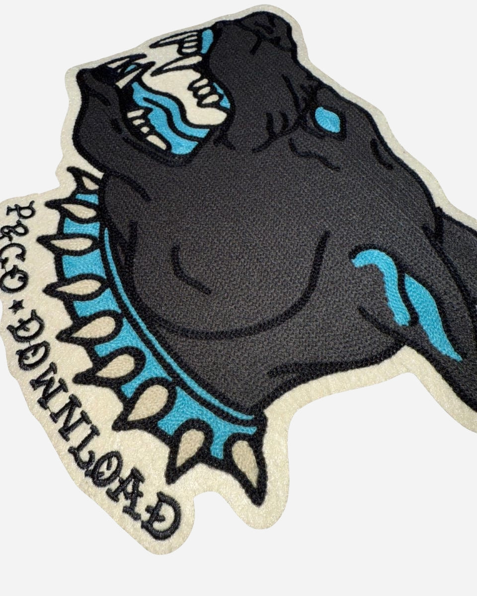 The P&Co Large Patch by 2025 features a black panther head with blue accents, an open mouth with sharp teeth, and "P&C DOWNLOAD" in bold black letters along the side.