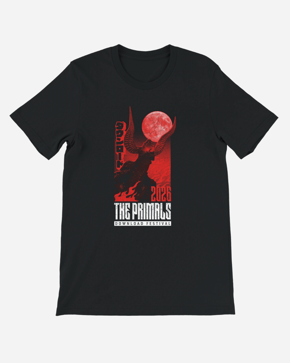 Black t-shirt with red and white graphic design on a white background
