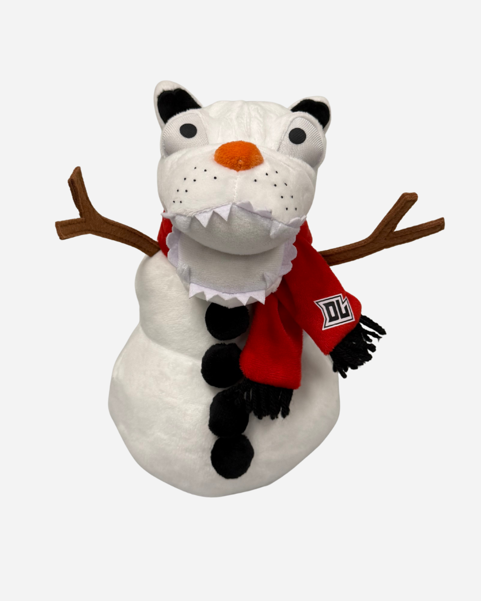 Introducing the Download Snowdog Plush from Download 2026—a soft snowman plush with black buttons, stick arms, and a tiger head, finished with a red scarf that displays the DL logo on one end.