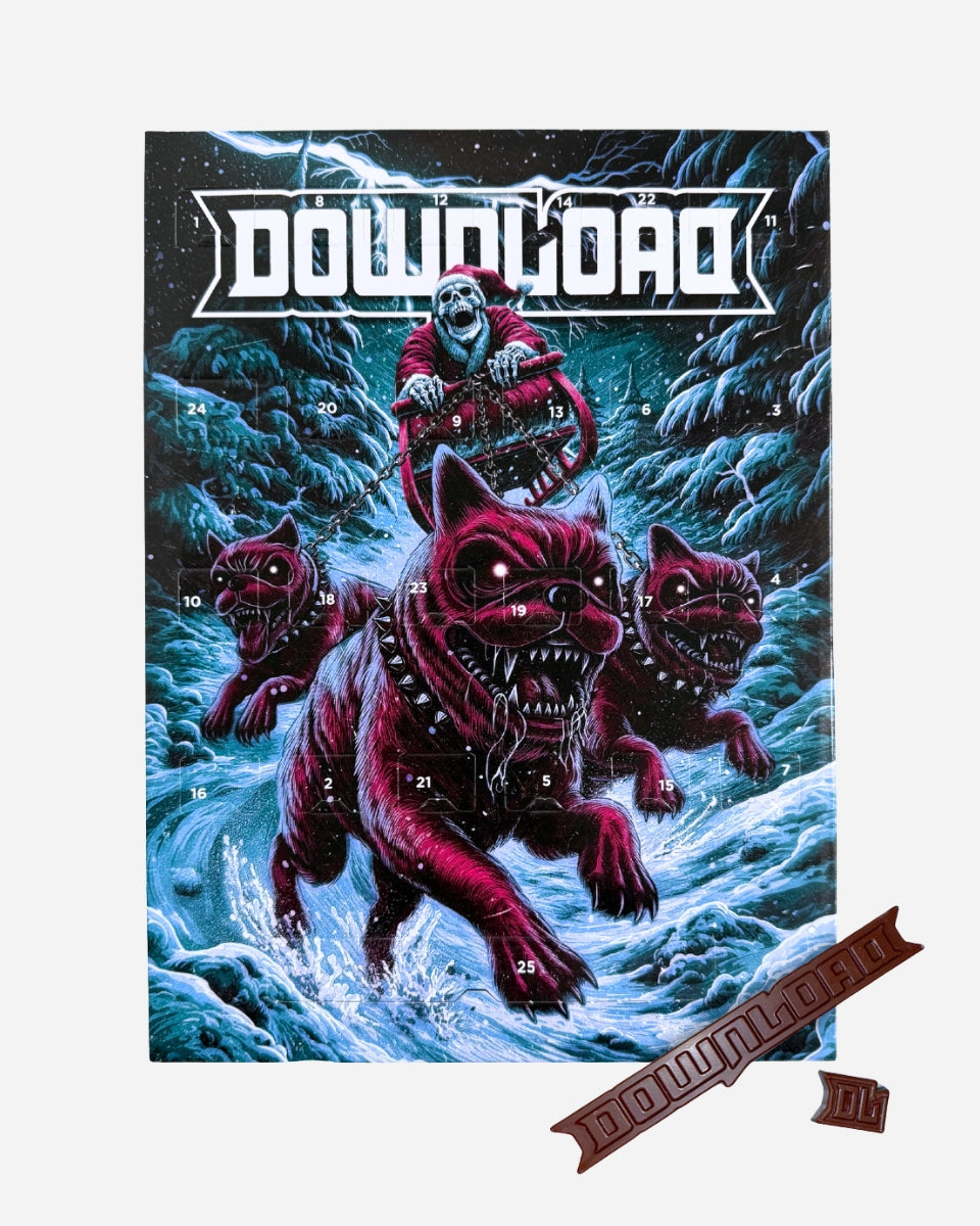 The 2025 Download Advent Calendar features a skeleton rider in a hood on a sleigh, pulled by three fierce red snarling dogs through a snowy, dark blue forest.
