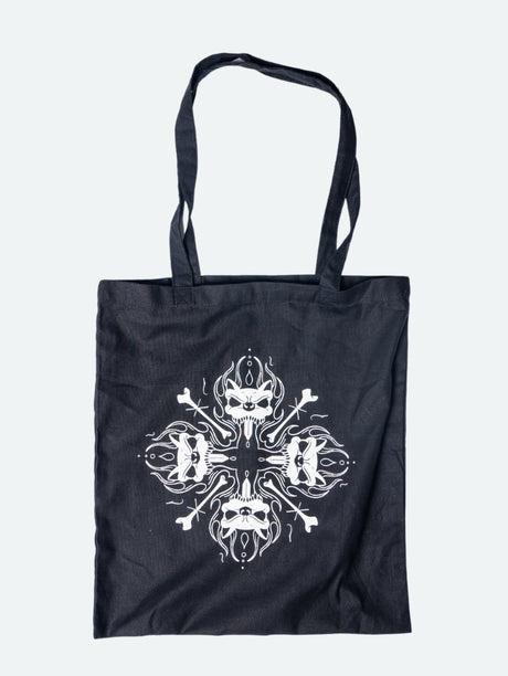 Black tote bag with long handles featuring a symmetrical white graphic design made up of four snarling Download Festival dog heads arranged in a cross pattern, with bones and stylised lines radiating between them.