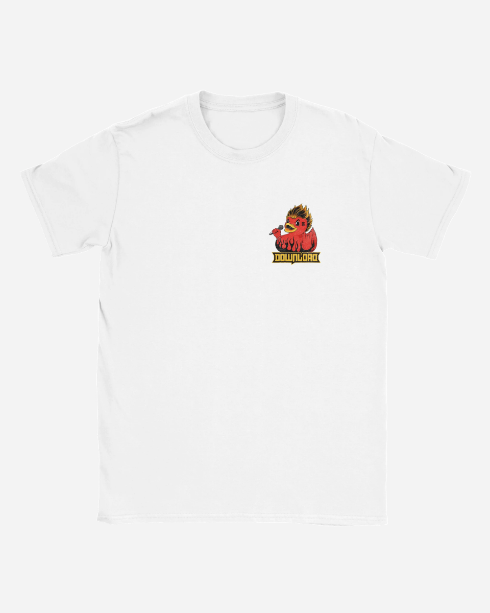White t-shirt with a small logo on a white background