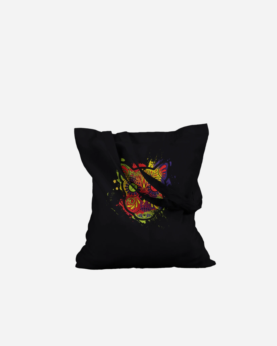 The Download Day of The Dead Black Tote Bag from Download Festival Shop features a vibrant, colorful cat face design in splashes of red, yellow, green, blue, and purple on the front—a striking motif that truly stands out against the black background.