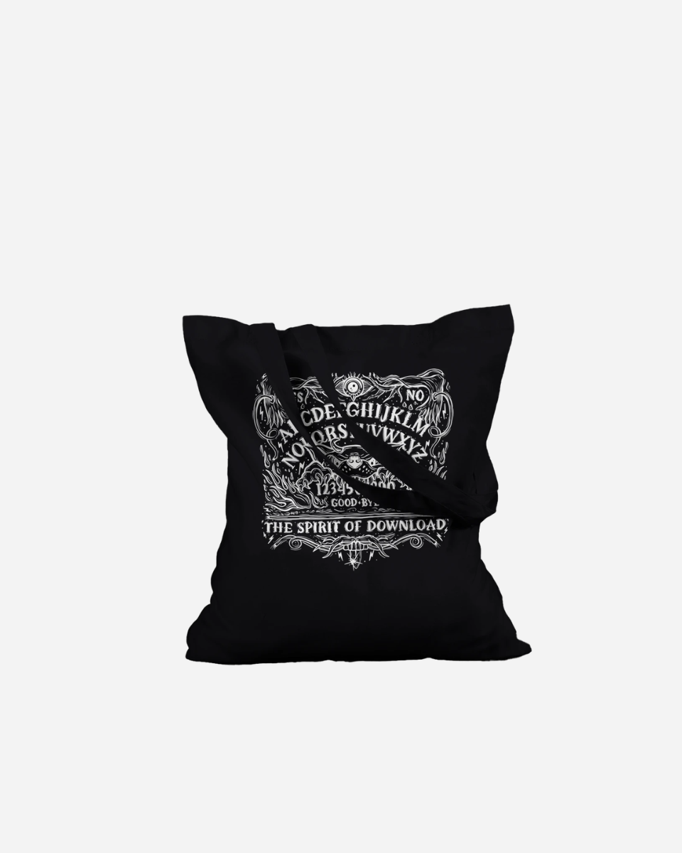 Introducing the Download Festival Shop’s Download Ouija Board Black Tote Bag—a made-to-order, 100% cotton black tote featuring a striking white ornate design with “THE SPIRIT OF DOWNLOAD” and other decorative elements. Its long handles ensure comfortable carrying wherever you go.