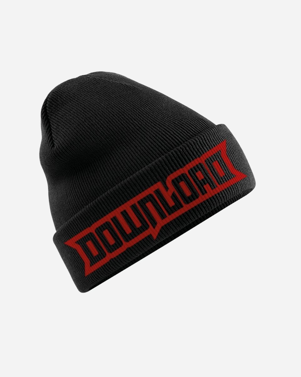 The 2025 Download Logo Beanie 2025 is a black knit beanie with a folded brim, displaying DOWNLOAD in bold red stylized letters on the front.