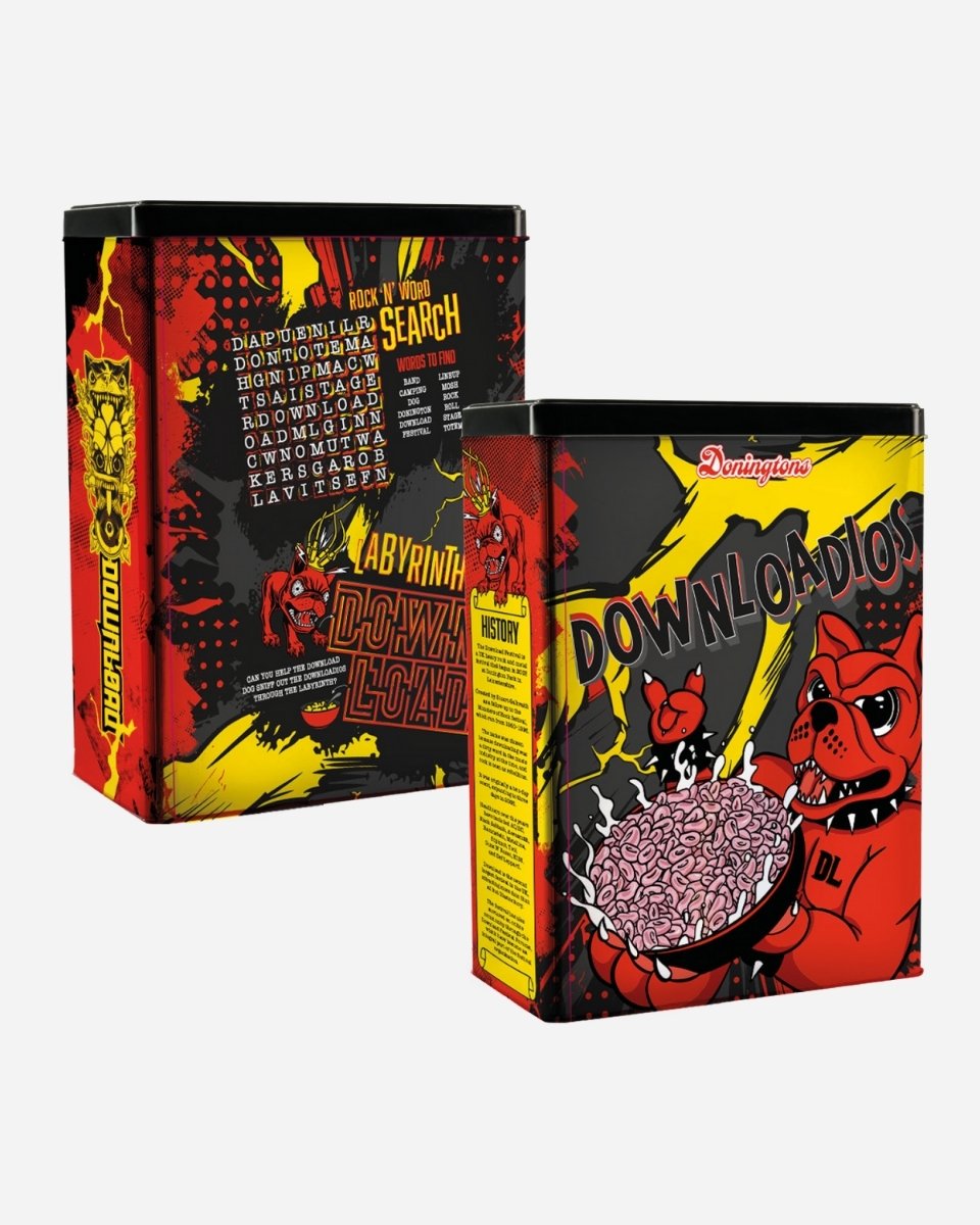 The Downloadios Cereal and Tin by 2025 features two vibrant rectangular tins with a cartoon bulldog, “Download” text, colorful designs, noodle bowls, band names, playful word searches, and a Gluten Free label.