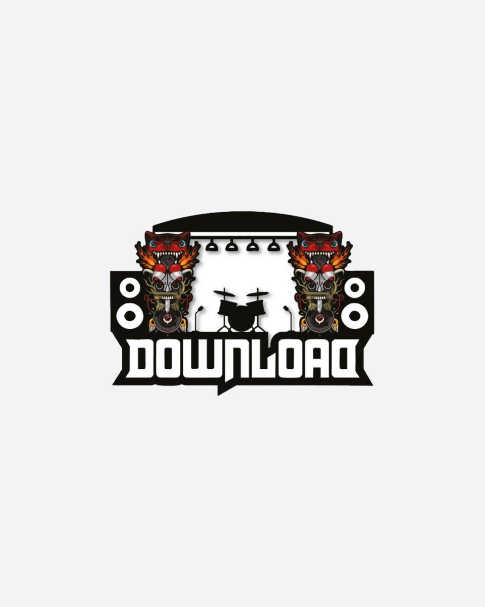 The 2025 Download Stage Pin Badge features DOWNLOAD in bold, flanked by two red bulldog heads, with a drum set, speakers, and stage lights creating a music stage design.