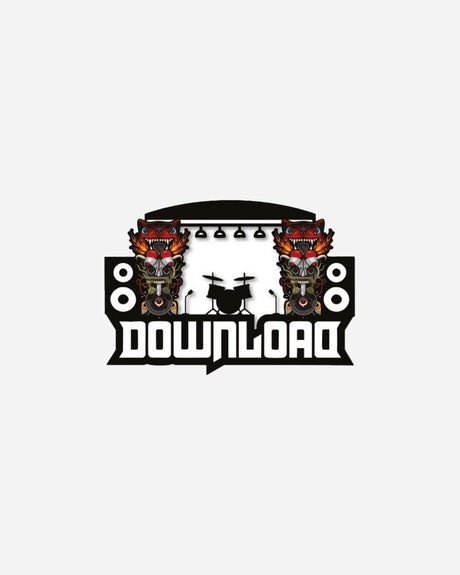 The 2025 Download Stage Pin Badge features DOWNLOAD in bold, flanked by two red bulldog heads, with a drum set, speakers, and stage lights creating a music stage design.