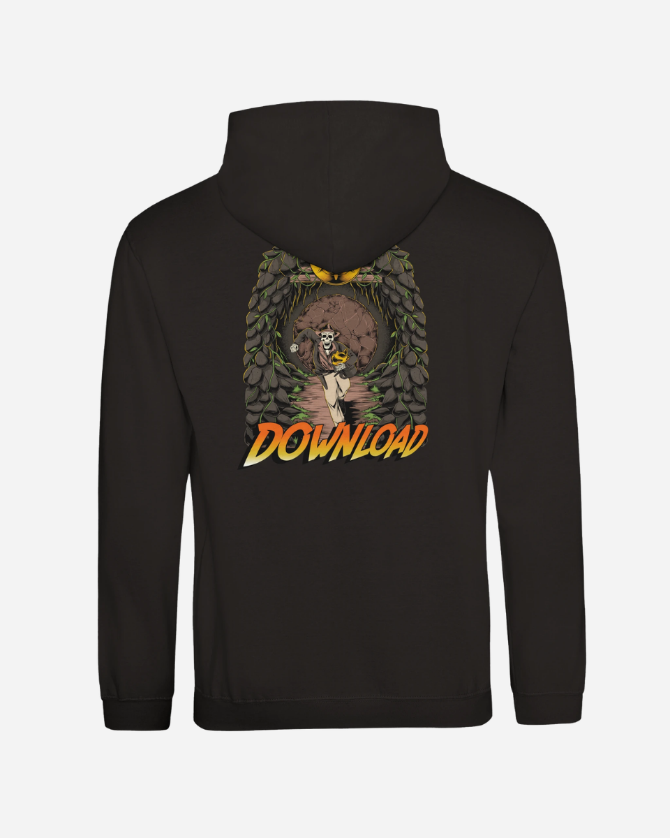 Black hoodie with a graphic design on the back against a white background