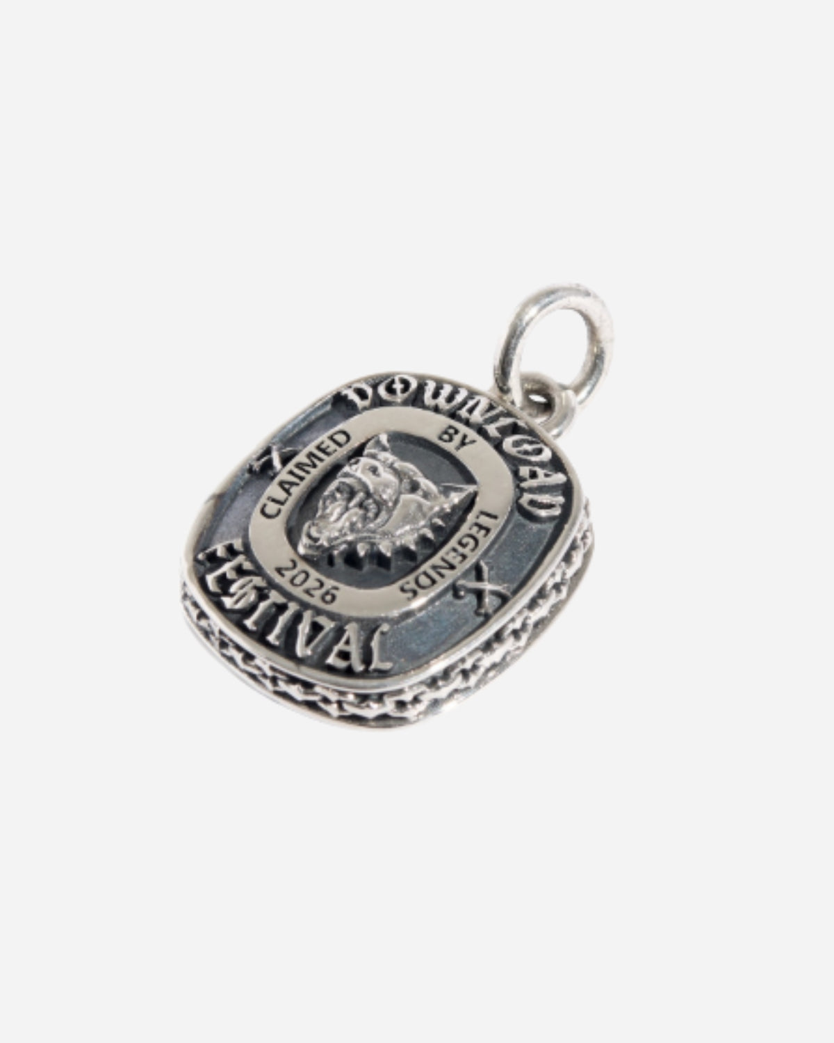 The TGF x Download Necklace by Download 2026 features a raised wolf head and "Download Festival 2026" plus "Claimed by Legends" engraved around the border, displayed on a silver pendant against a white background.