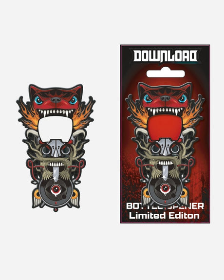 The 2025 Totem Bottle Opener is a limited edition Download Festival item with a bold, stylized robotic animal face, vibrant flames, and comes displayed both alone and in its packaging.