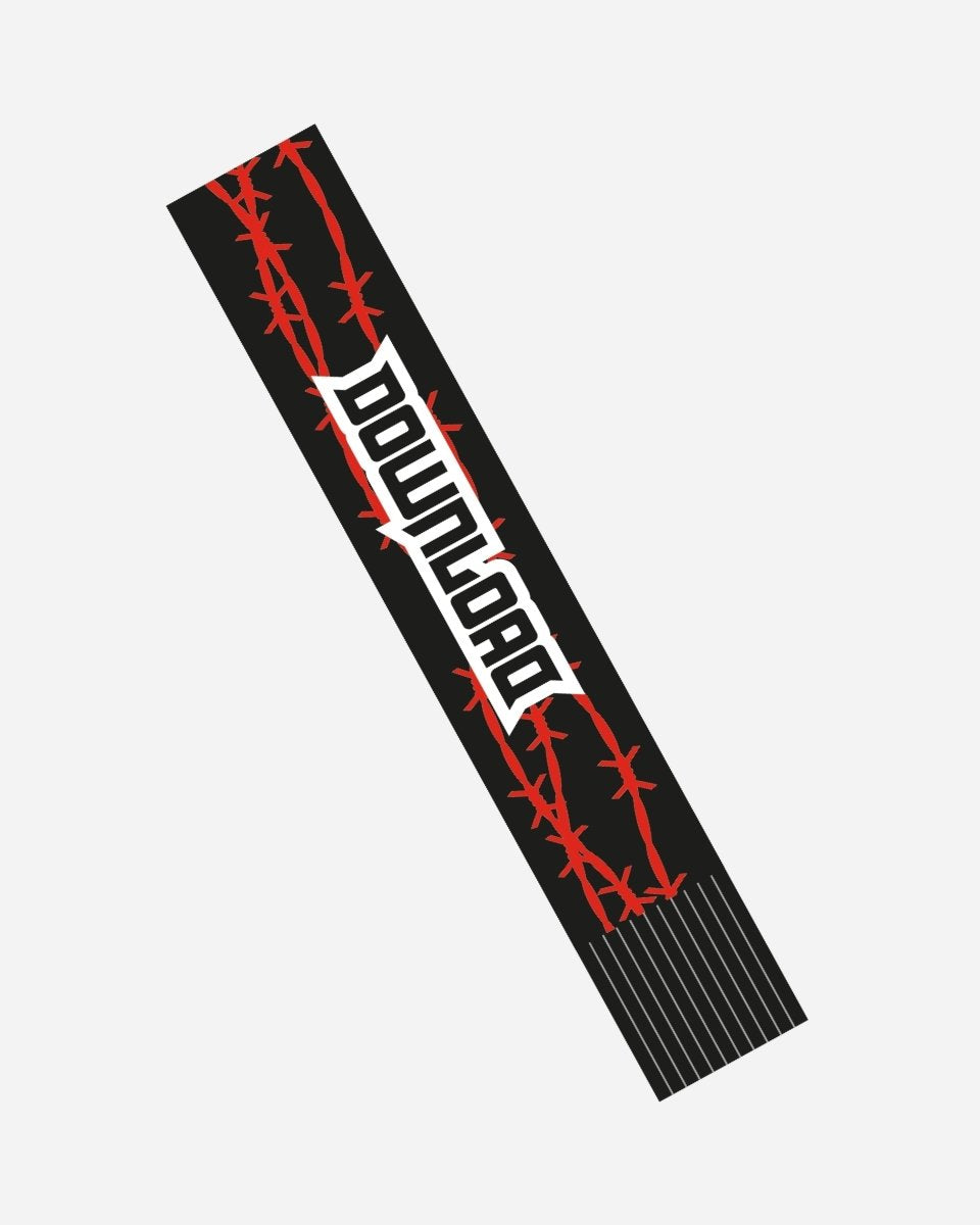A leather bookmark from 2025 featuring red barbed wire graphics and the word DOWNFALL in bold white letters across the center.
