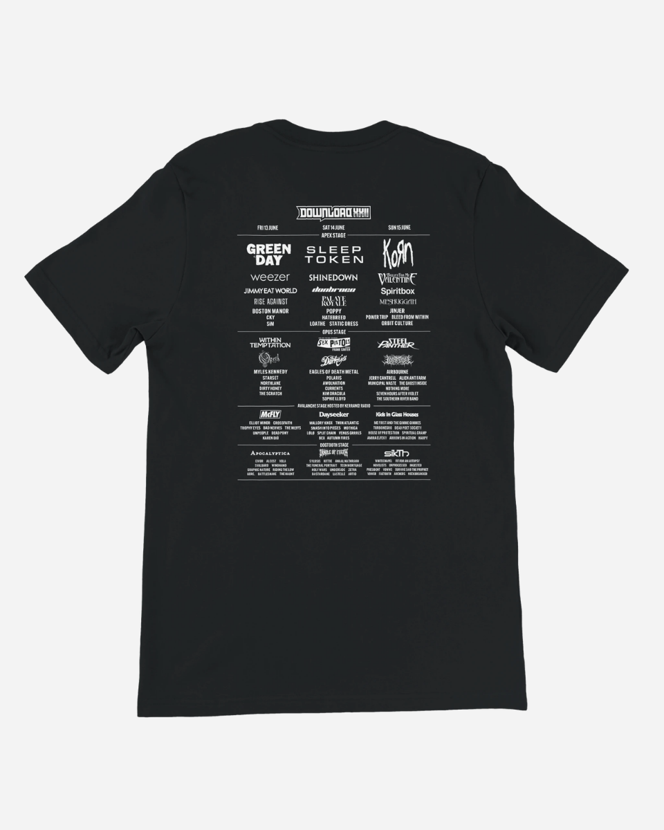 Black t-shirt with white text on the back on a white background
