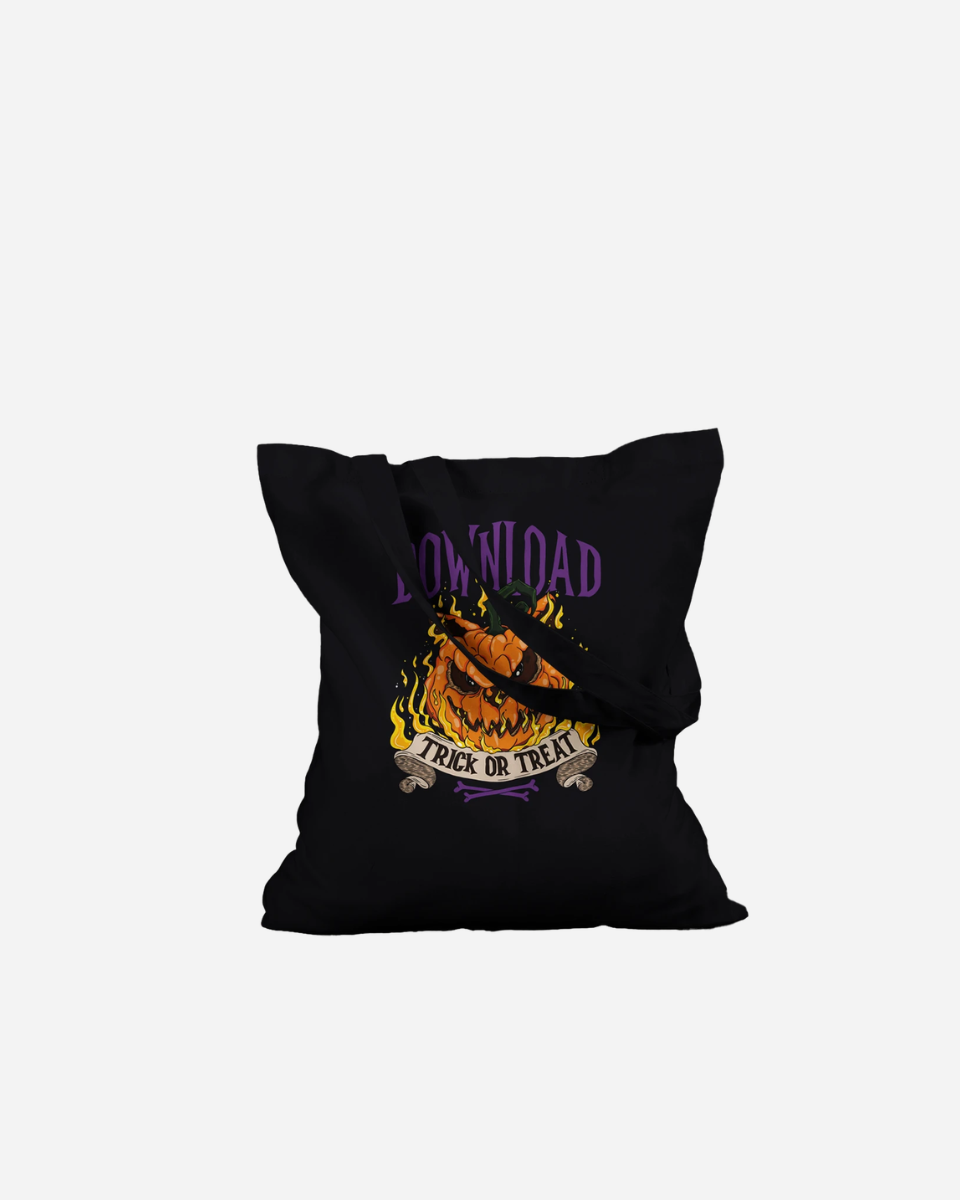 Introducing the Download Trick Or Treat Black Tote Bag from Download Festival Shop—a made-to-order, 100% cotton tote featuring a bold flaming jack-o-lantern and the words “DOWNLOAD” and “TRICK OR TREAT” printed in eye-catching purple and white. This long handle tote bag perfectly blends spooky style with everyday practicality.