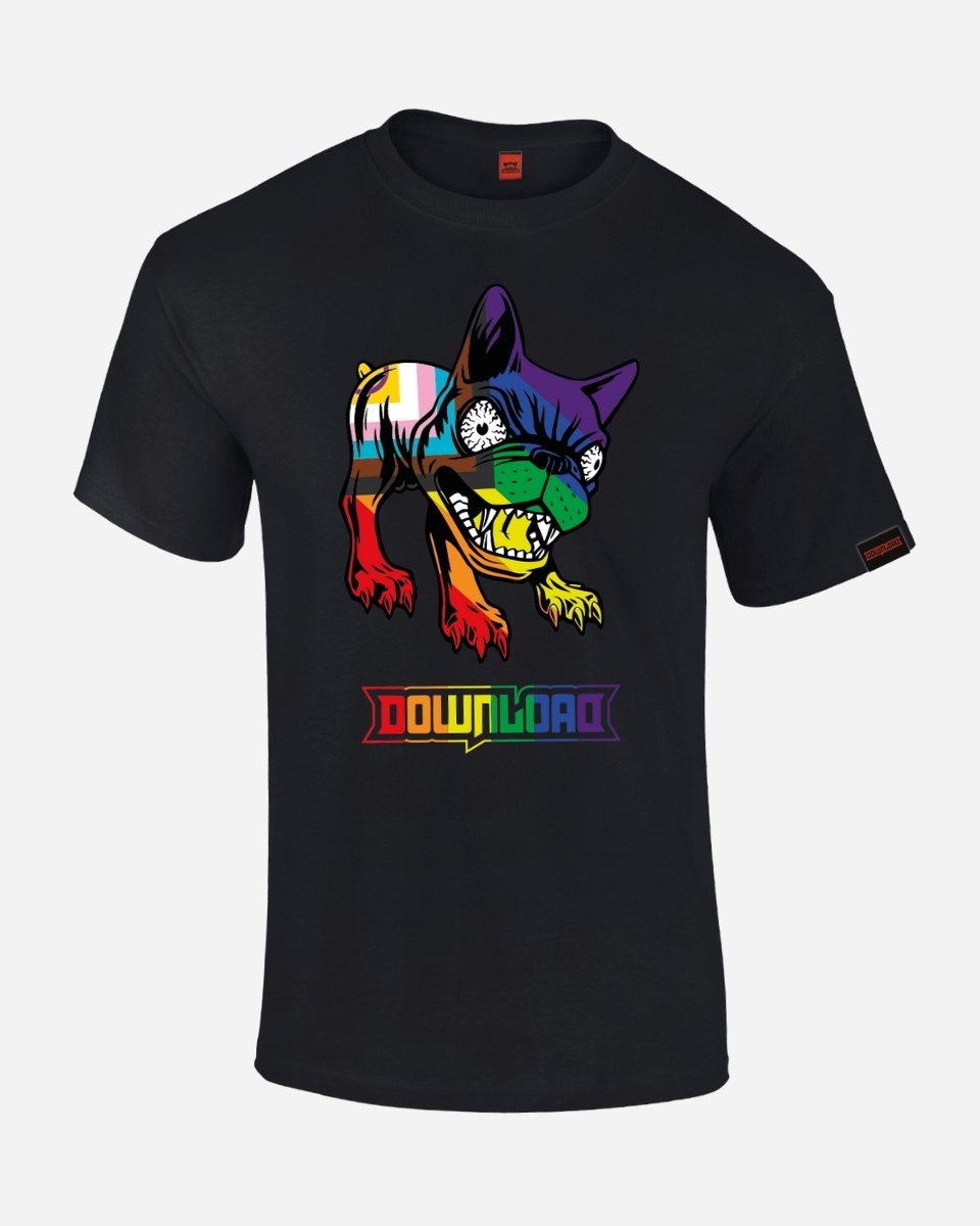The Pride T-Shirt by 2025 is a black tee with a vibrant cartoon dog and rainbow DOWNLOAD text, plus a small red sleeve tag.