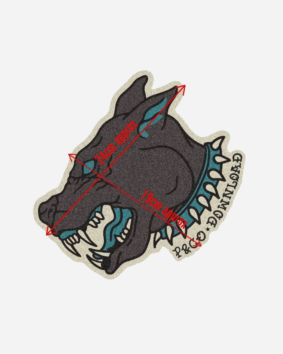 The P&Co Large Patch by 2025 features a black wolf head with blue accents and exposed teeth. Red arrows show measurements: approx. 24 cm ear to nose, 18 cm mouth to ear. Text is visible near the lower right corner.