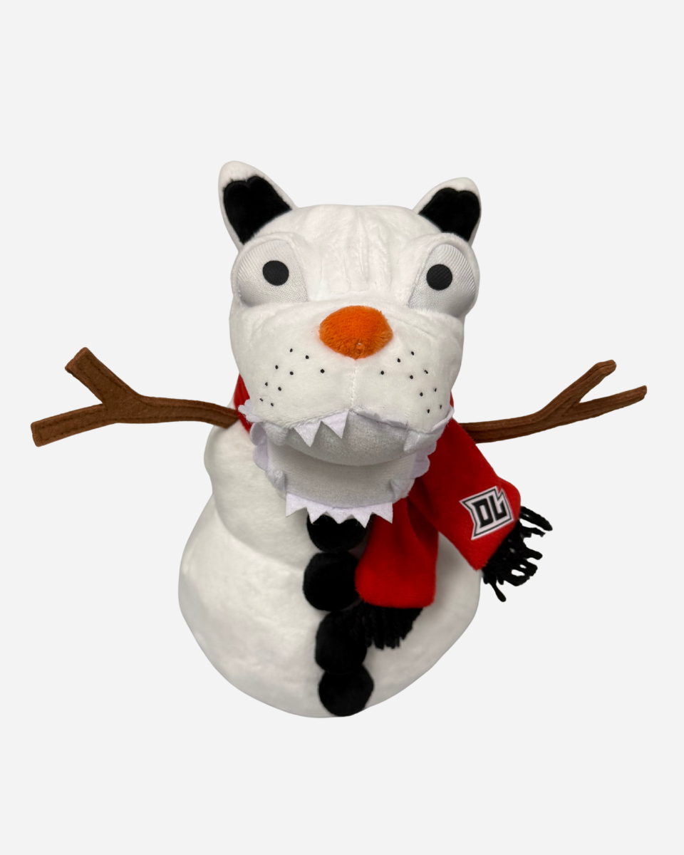 A Download Snowdog Plush from Download 2026, styled as a white tiger with black ears, an orange nose, felt teeth, stick arms, and a red scarf featuring the DU logo.