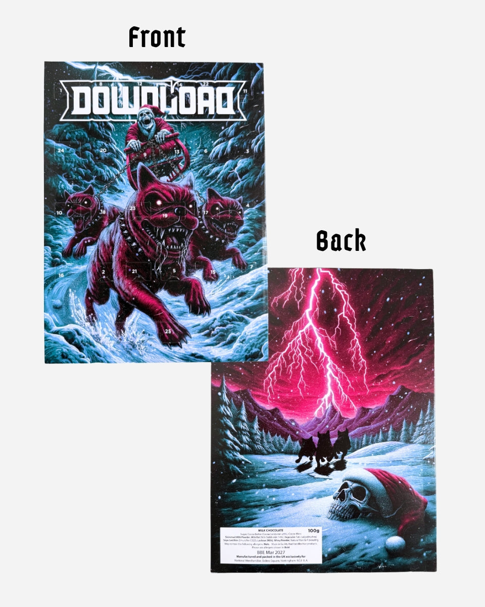Front and back of the 2025 Download Advent Calendar: the front shows a skeleton rider on a three-headed dog in a snowy forest, while the back displays a snowy scene with a Santa hat, lightning, and dog silhouettes.