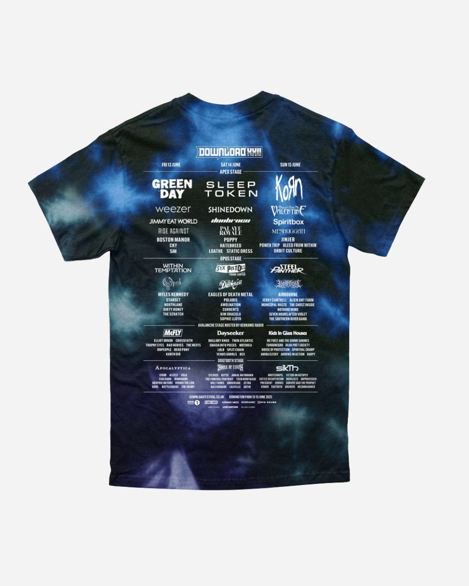 The Tie Dye 2025 Event Line Up T-Shirt from 2025 features a black and blue tie-dye design with the festival lineup printed in white on the back, including headliners and event details.