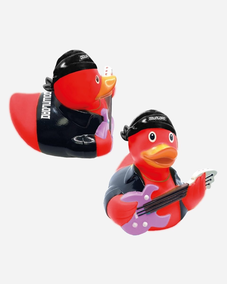 The Quack & Roll Rubber Duck by 2025 features two ducks dressed as rock musicians with black Download headbands and jackets, each holding a purple electric guitar, displayed from various angles on a plain background.