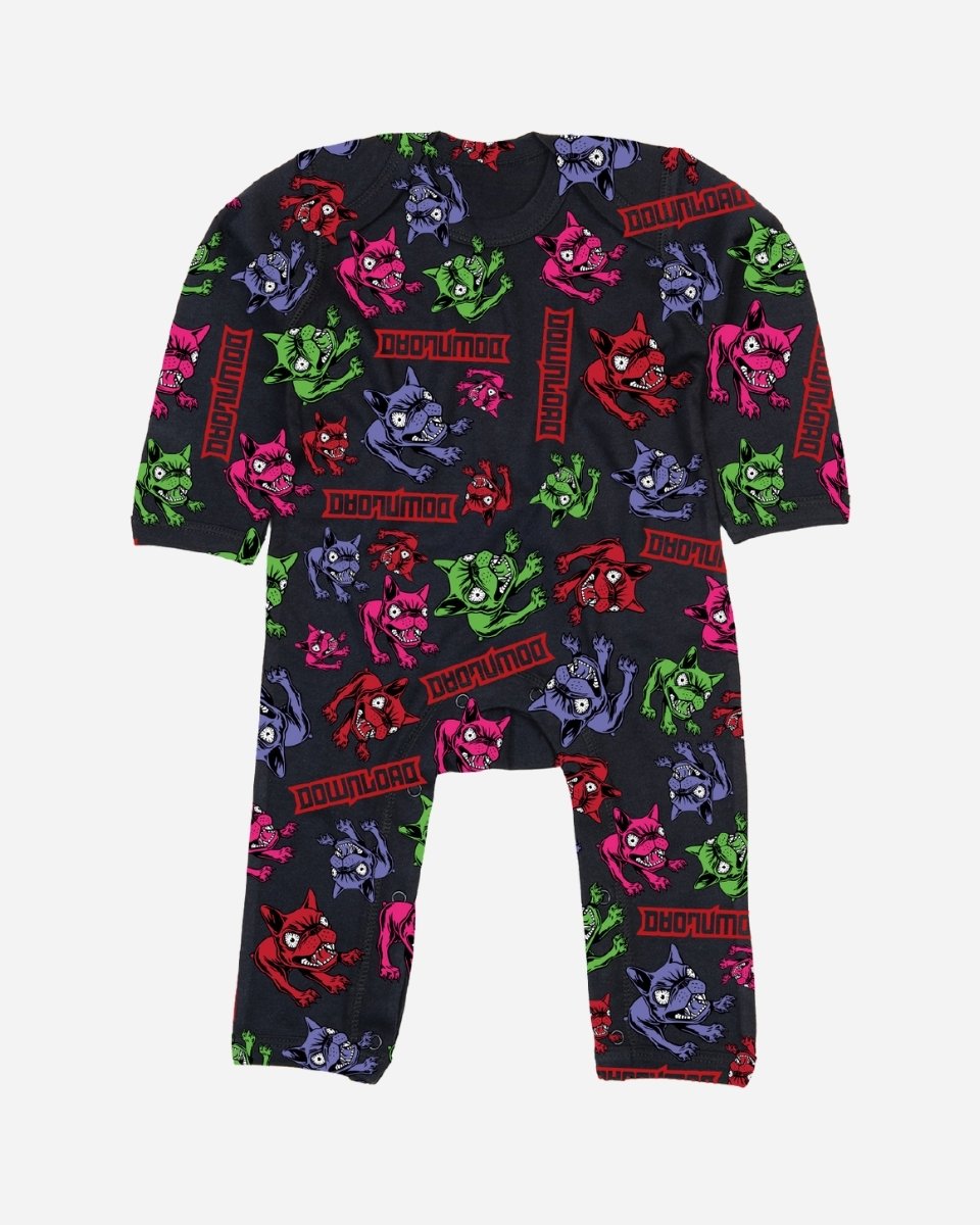 The Retro Multi Dog Baby Sleep Suit by 2025 is a black, full-length onesie with long sleeves, featuring a vibrant cartoon dog pattern and the word DOUWDOUW repeated across the fabric.