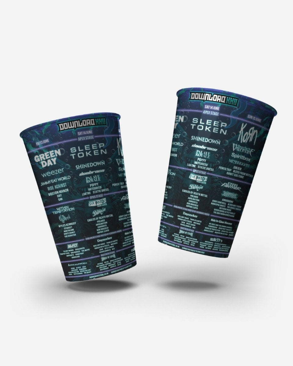 The Download XXII Line Up Reusable Cup by 2025 features the festival logo and lineup, including Green Day, Sleep Token, and Shinedown, on a dark background.