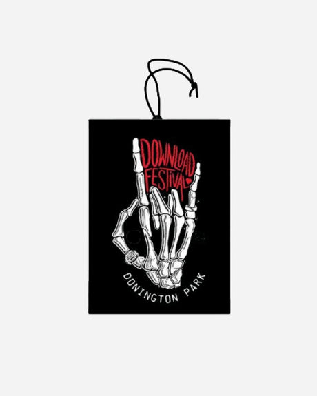 The 2025 Sign of the Horns Car Air Freshener features a hand skeleton making the rock sign, with Download Festival in red above and Donington Park in white below on a black background, plus a black lanyard.