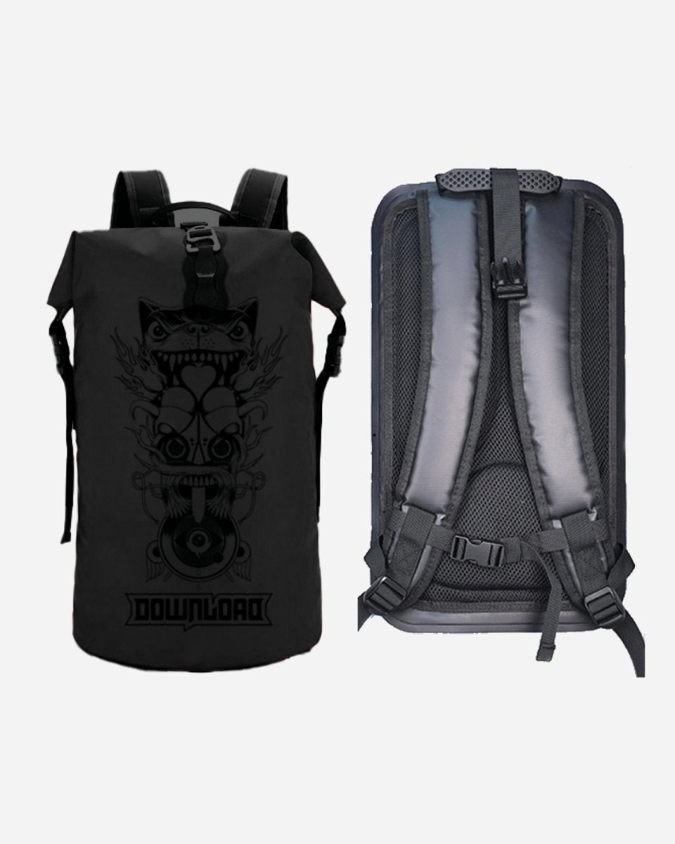 Two views of the 2025 Waterproof Roll Top Bag: the front displays a detailed, stylized DOWNLOAD graphic, while the back features padded shoulder straps and a mesh back panel for comfort.