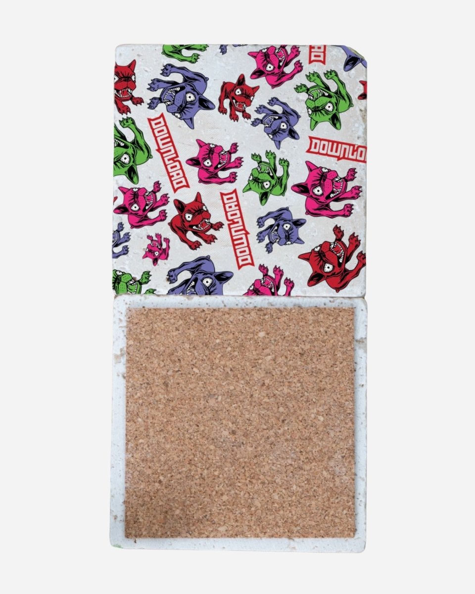 The 2025 Retro Multi Dog Diatomite Coaster features a colorful pattern of cartoon dogs in red, purple, green, and pink on top and a plain cork base. DOWNLOAD is printed multiple times in red.