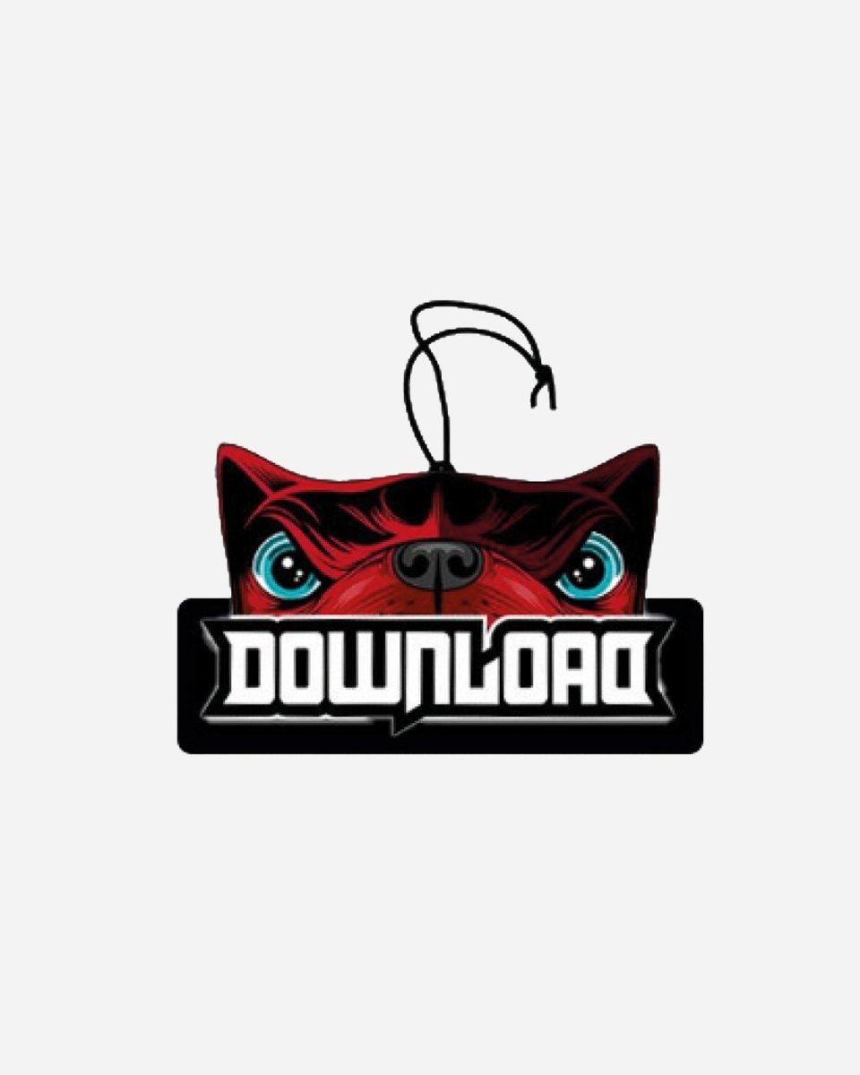 The 2025 Download Dog Logo Car Air Freshener features a red dogs face with blue eyes peeking over a black DOWNLOAD sign, with a black string for hanging.