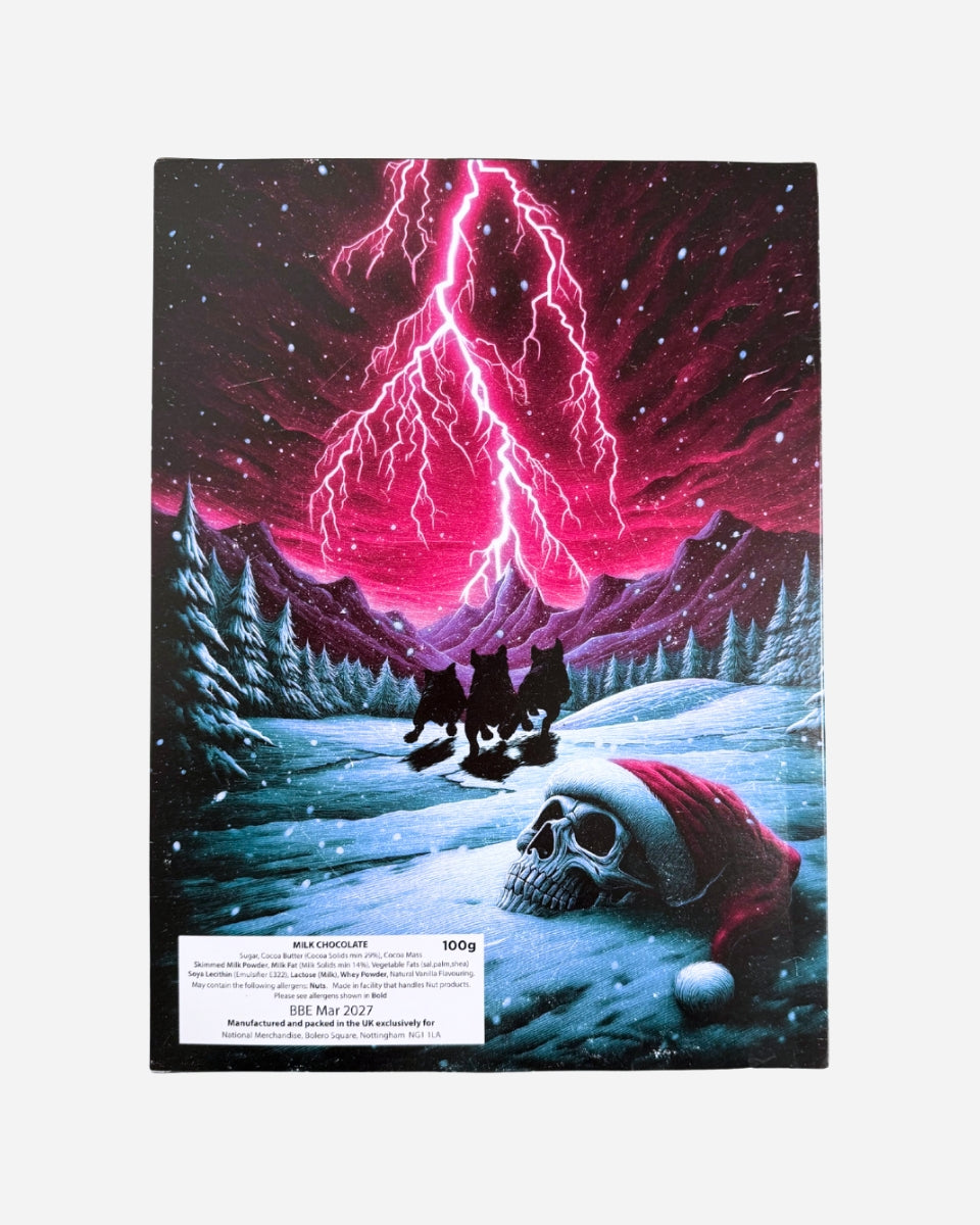 Experience the Download Advent Calendar by 2025: three black cats trek toward a mountain beneath vivid pink lightning and snowy trees, while a Santa hat-topped skull rests on the snow—an unforgettable surreal winter scene.