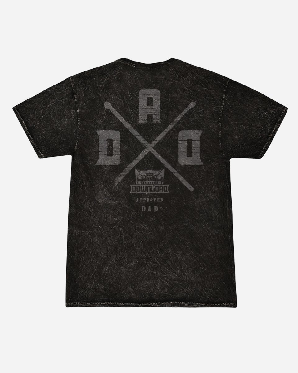 The 2025 Drumroll For Dad T-Shirt is a black, textured tee featuring large gray DAD letters crossed by drumsticks on the back, plus a small Download Approved Dad logo below.