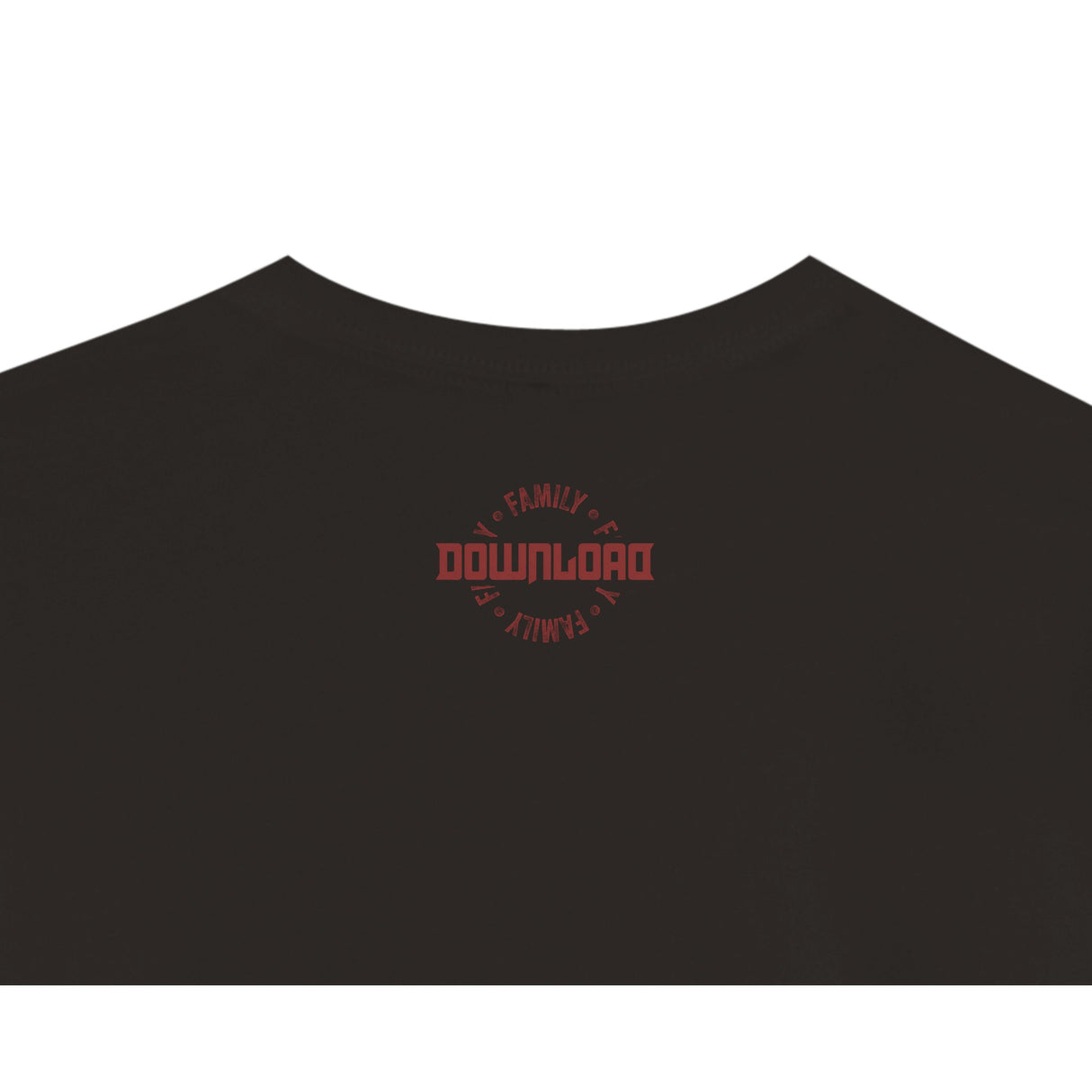 Close up Download Family logo printed to back neck of the black t-shirt.