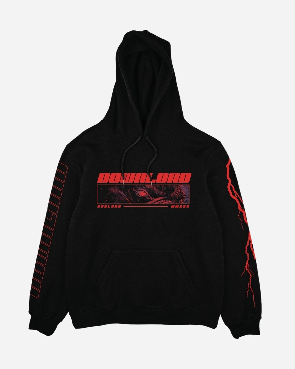 The 2025 Hellhound Donington Hoodie is black with a red DOWNLOAD and landscape chest graphic, red text on one sleeve, and a red lightning graphic on the other.