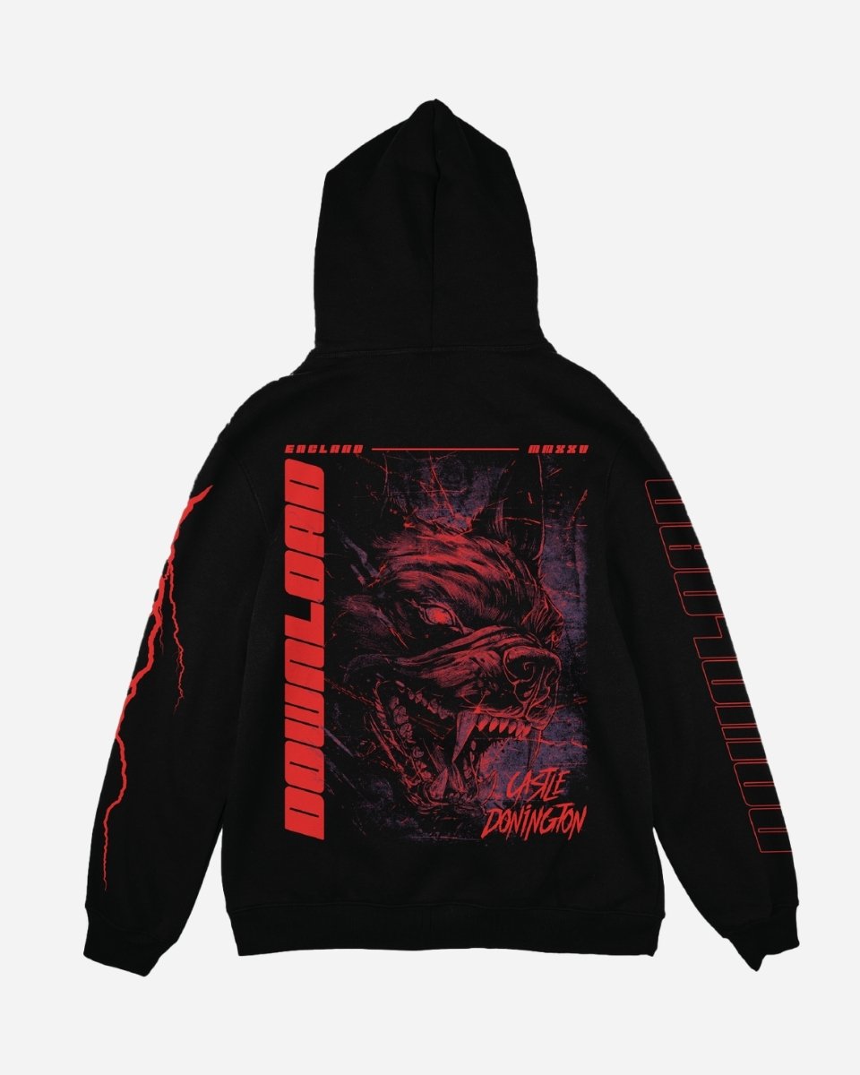 The Hellhound Donington Hoodie by 2025 is a black sweatshirt with a fierce red wolf graphic and bold DOWNLOAD and CASTLE DONINGTON lettering on the back, plus red graphic sleeve accents.