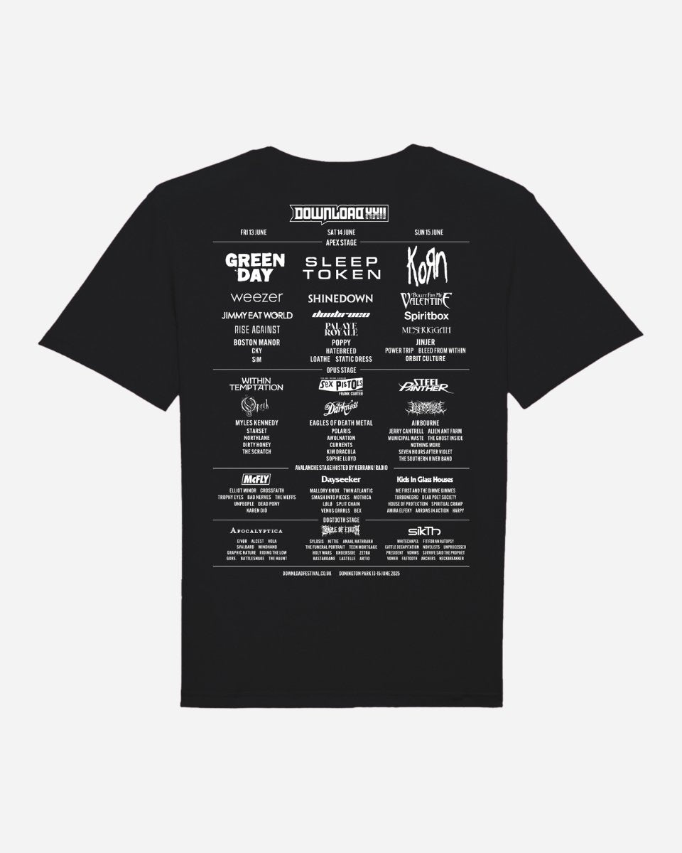 Kids Download Castle 2025 T-Shirt by 2025: Black tee featuring white text with bands and artists for Download Festival 2025, plus festival and sponsor details.