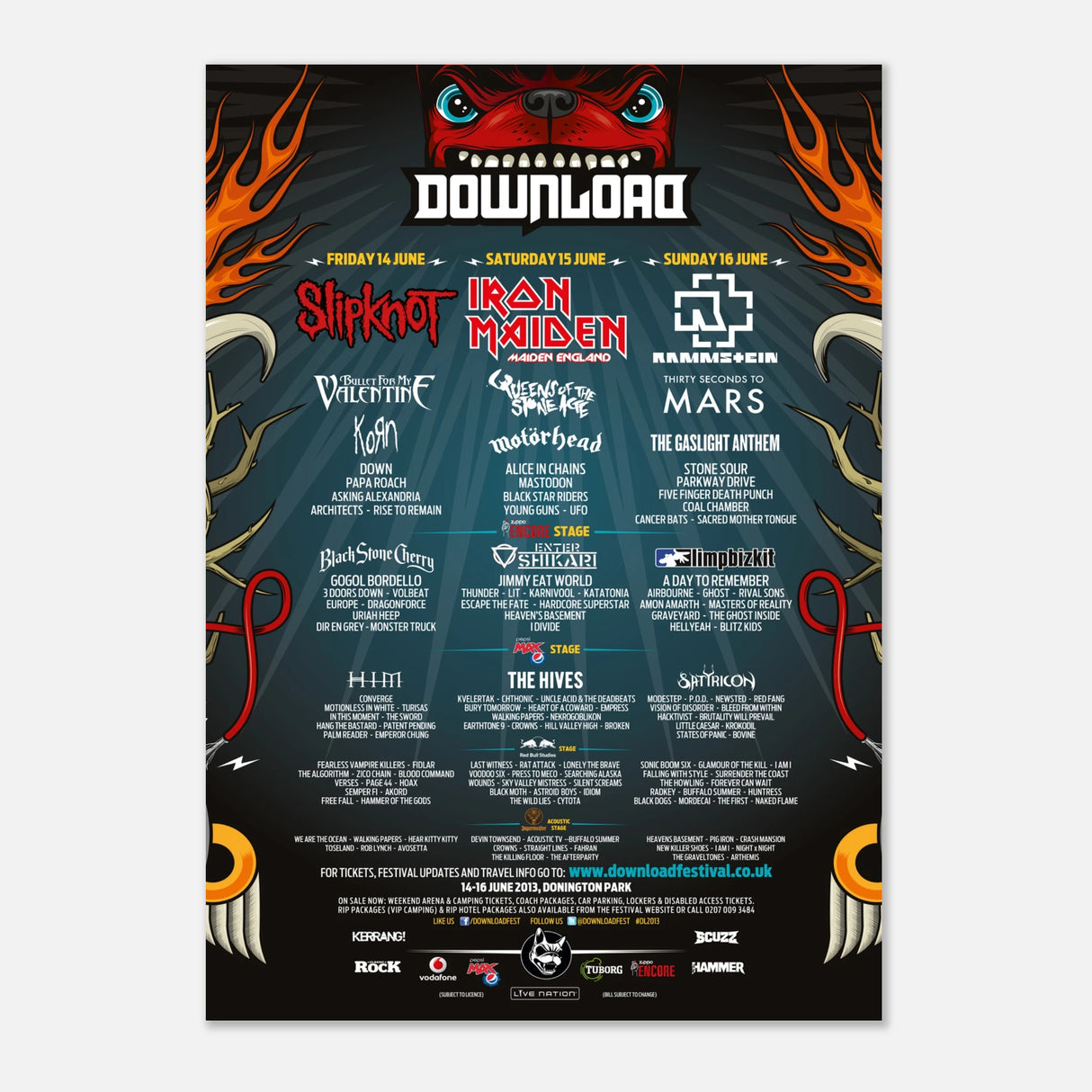 The Download 2013 Line Up Poster A2 from Download Festival Shop features Slipknot, Iron Maiden, and Rammstein. Printed on FSC-certified semi-glossy paper, the design shows a red creature at the top with festival details below.