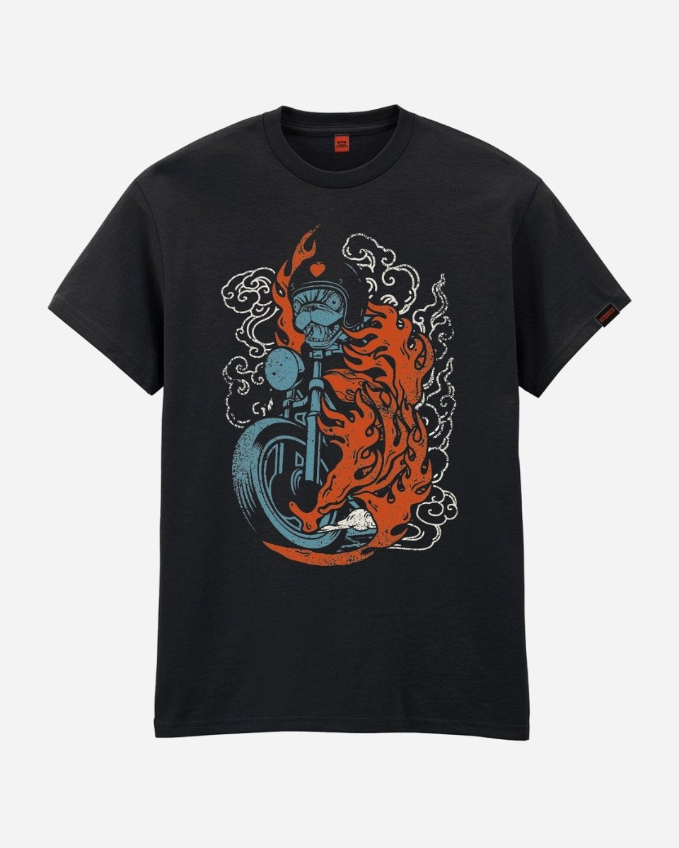 The Highway Hound T-Shirt by 2025 features a black design with a dynamic blue motorcycle graphic and swirling orange and white flames and smoke on the front.