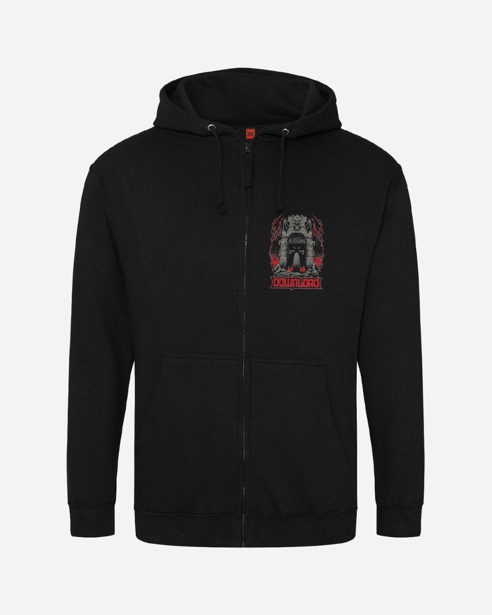 The Dungeon Gate 2025 Event Hoodie by 2025 is a black zip-up featuring a small monster and red flames graphic on the left chest, with DOWNLOAD in bold red below.