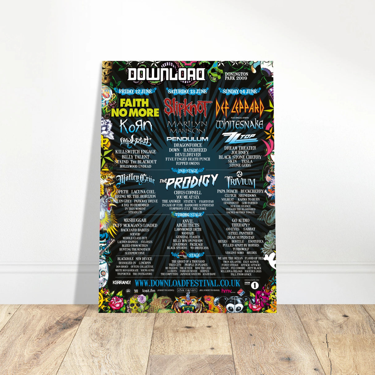 The Download 2009 Line Up Poster A2 from Download Festival Shop features bold band names like Faith No More, Slipknot, and Def Leppard on a dark semi-gloss background, with Donington Park event details for June 12-14, 2009.