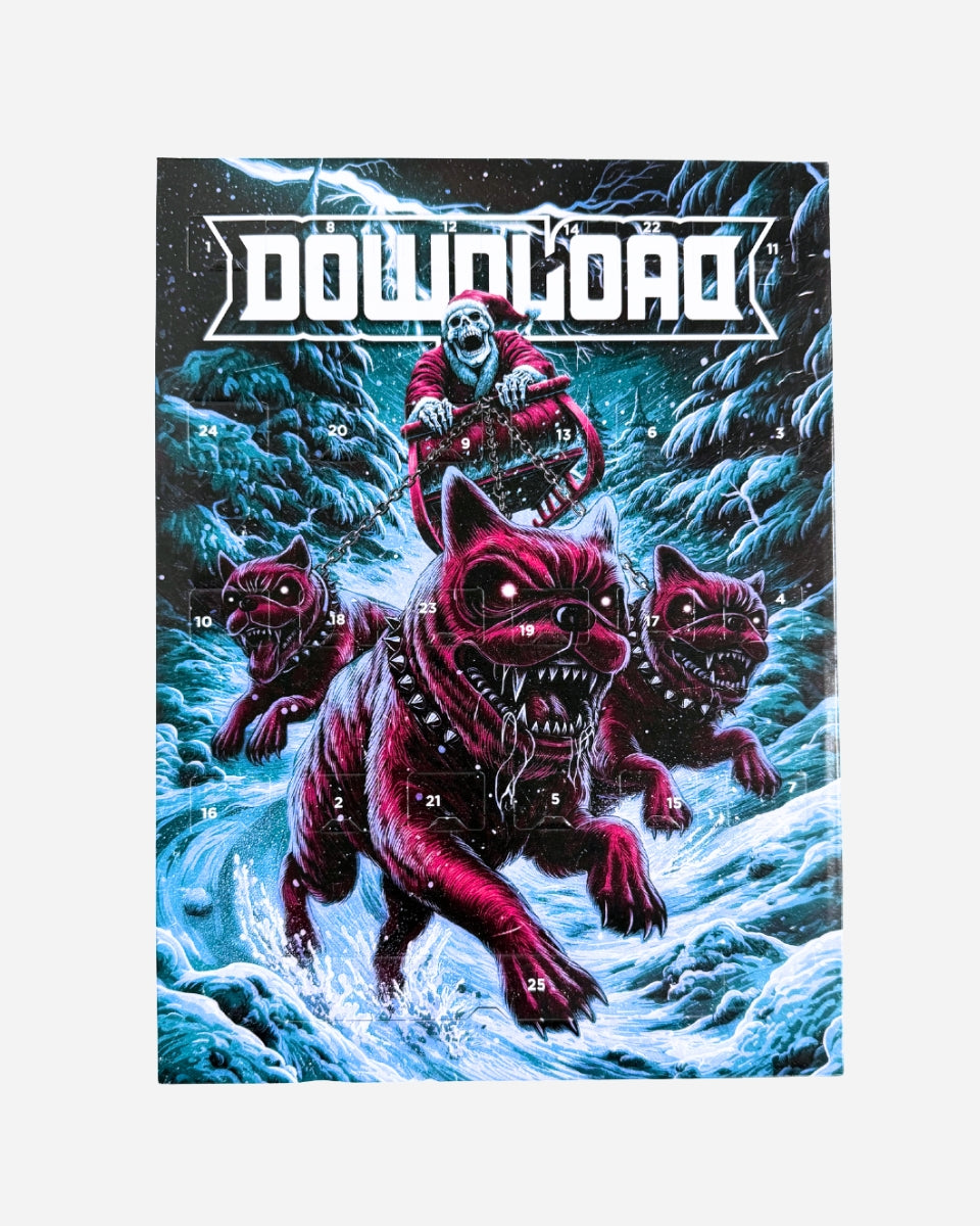 The 2025 Download Advent Calendar features a fantasy illustration of a cloaked skeleton on a sled pulled by three fierce, glowing-eyed dogs through snow, numbered doors, and the word DOWNLOAD at the top.
