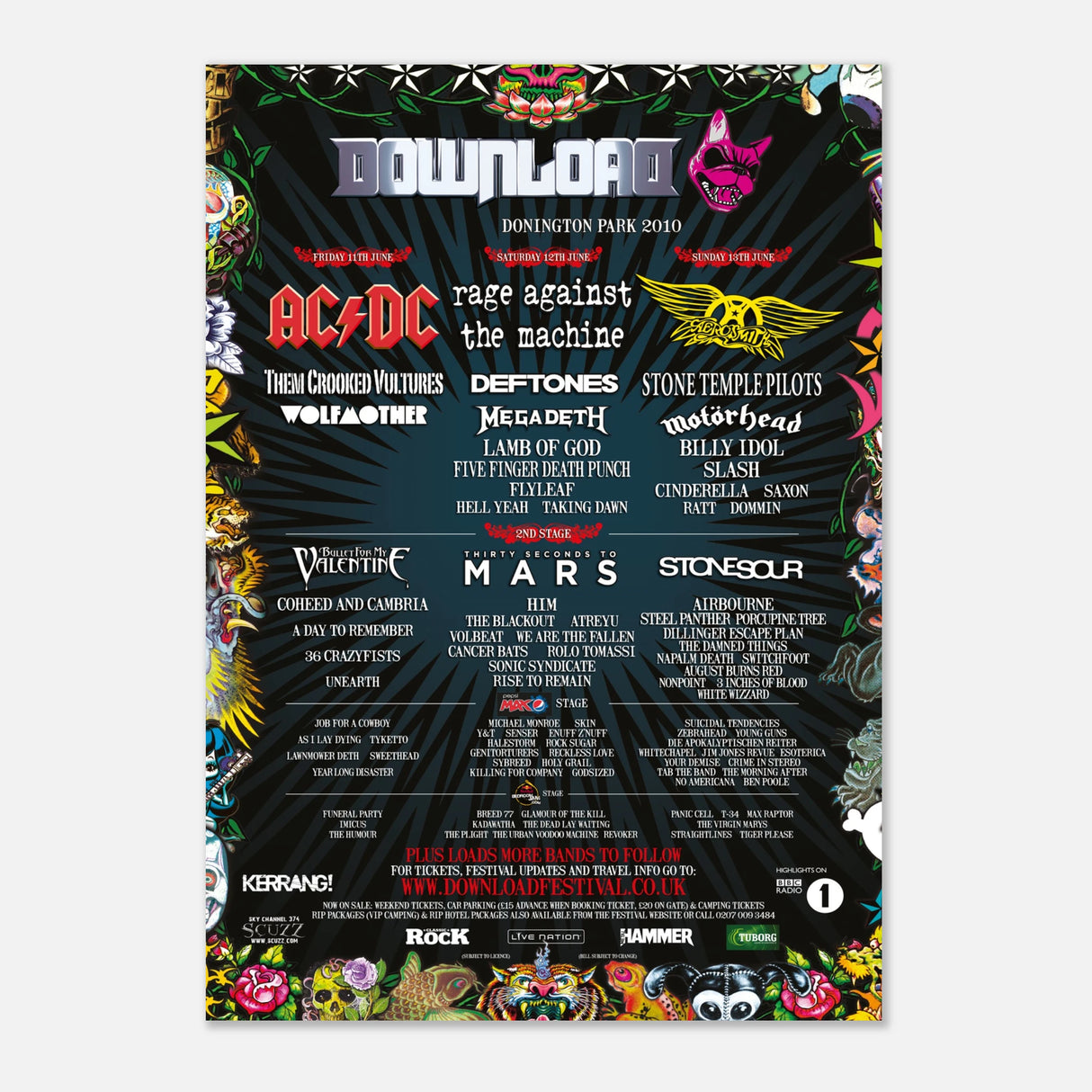 Download 2010 Line Up Poster A2 from Download Festival Shop. Features AC/DC, Rage Against the Machine, and Aerosmith at Donington Park. Vibrant artwork on FSC-certified semi-glossy paper with bands, dates, and sponsors displayed.
