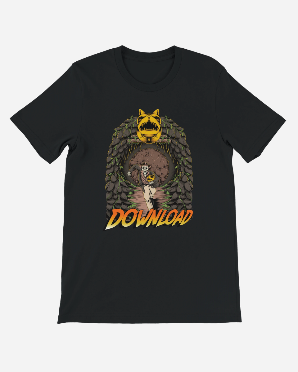 Black t-shirt with a graphic design and 'Download' text on a white background