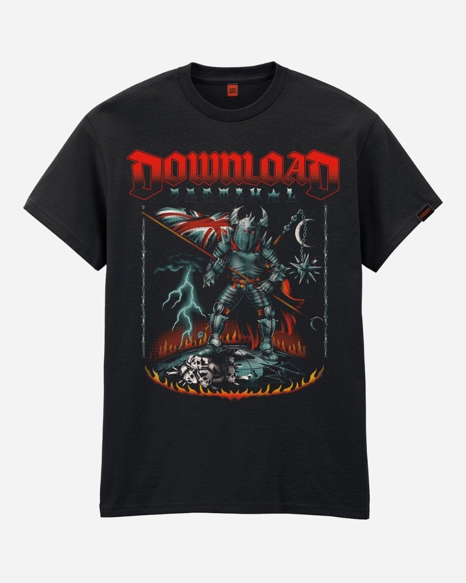 The Heavy Metal Crusader T-Shirt by 2025 features a black tee with a medieval knight wielding a mace, British flag, skulls, flames, lightning background, and DOWNLOAD in bold red letters.