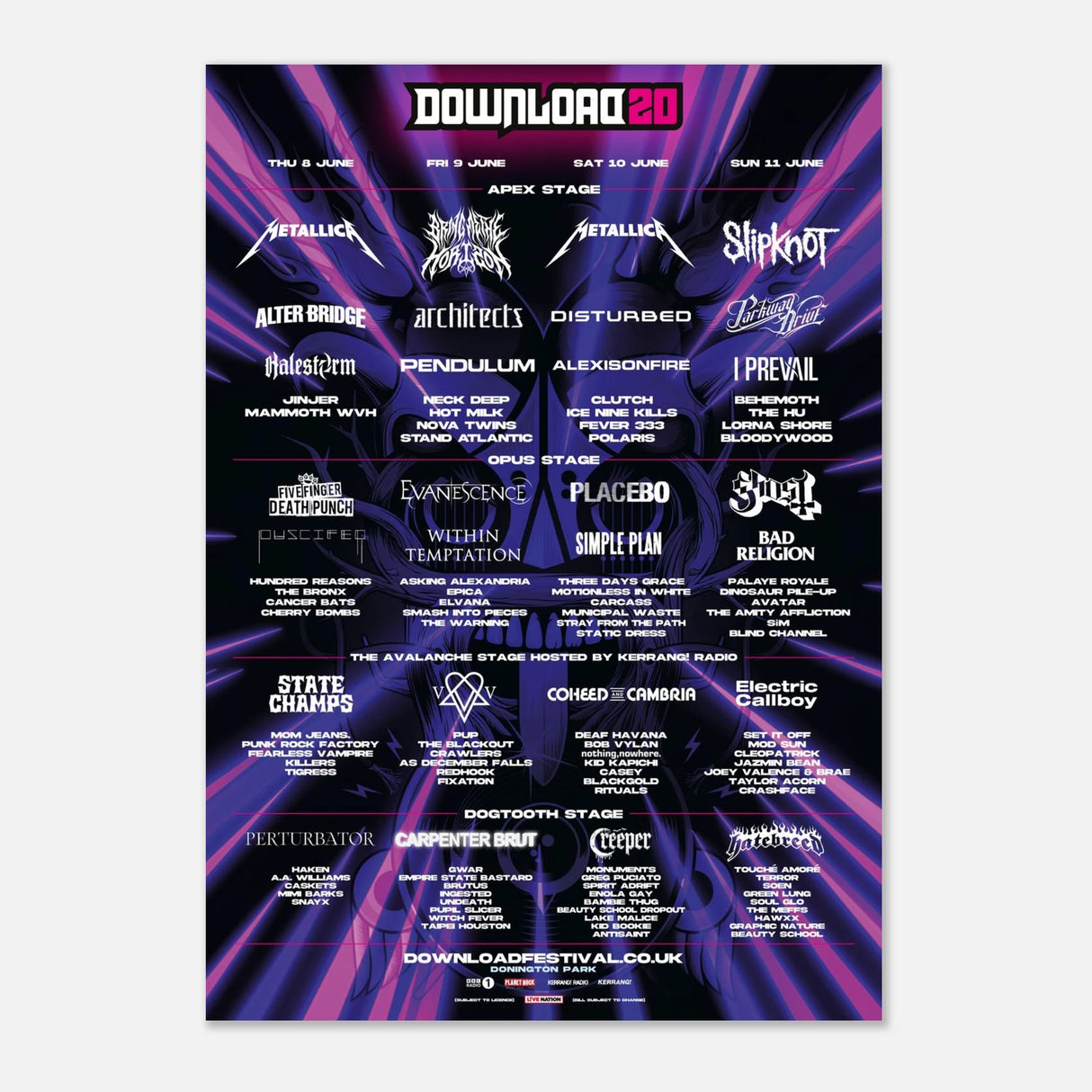 The Download Festival Shop’s Download 2023 Line Up Poster A2 features the full band line-up by day on a sleek black and purple background, printed on premium semi-glossy paper with the iconic Download logo at the top.