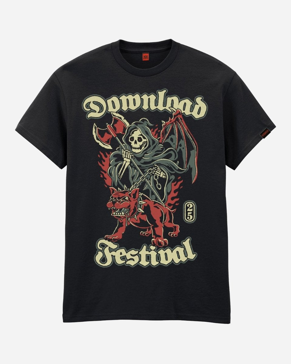 The Reaper T-Shirt by 2025 features a grim reaper riding a red, flaming, three-eyed dog with Download Festival in bold vintage-style lettering above and below the graphic.