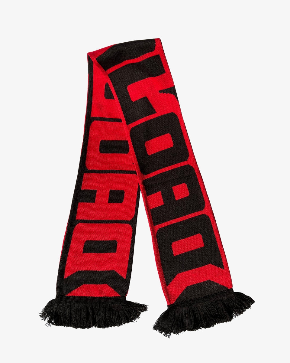 Download Festival red and black scarf featuring bold 'Download' text across the length, with black fringed ends.