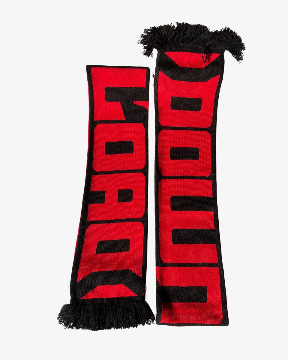 Download Festival red and black scarf featuring bold 'Download' text across the length, with black fringed ends.