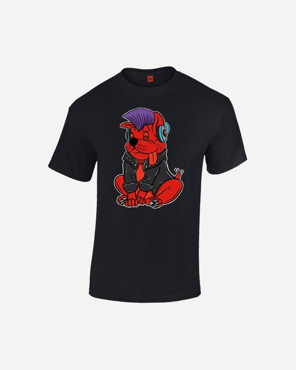 The 2025 Rock Pup Kids T-Shirt features a cartoon red dog with a purple mohawk, black leather jacket, and blue headphones, sitting with front paws outstretched.